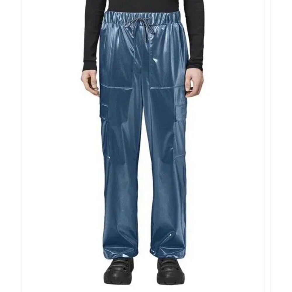 RAINS Metallic Cargo Rain Pants Wide Sonic Blue Waterproof Unisex Size S NWT